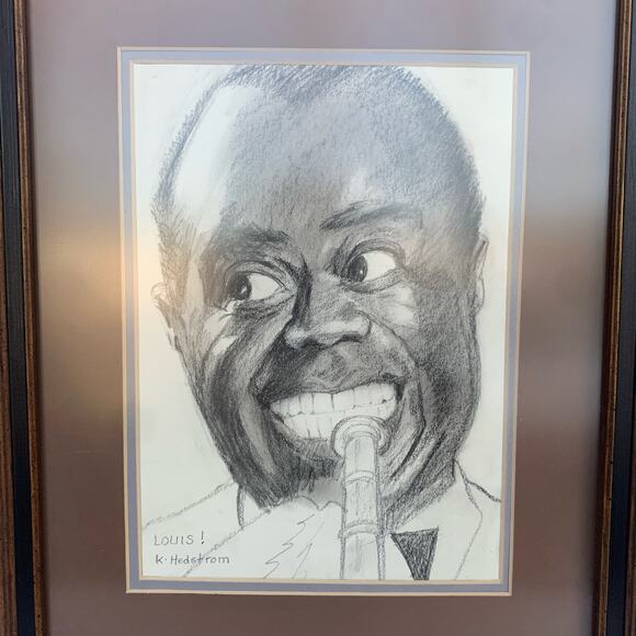 Louis Armstrong Portrait Drawing Wall Art Framed Double Matted - Picture 1 of 10